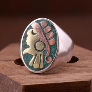 VTG Taxco Mexican Metales Casados Mixed Metal Mayan Aztec Sterling Ring Size 8